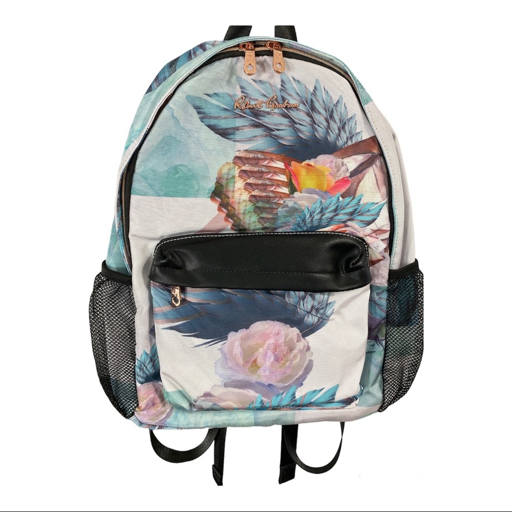 Robert Graham Floral Feather Print Backpack Side Pockets NWT